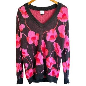CAbi Black and Pink Floral V-Neck Sweater with Tote